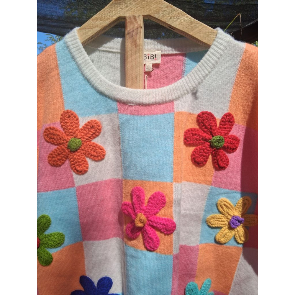 🌸 BiBi XL Multi-color Pastel Patchwork Floral Crew Neck Sleevless Sweater NWT - Picture 3 of 13
